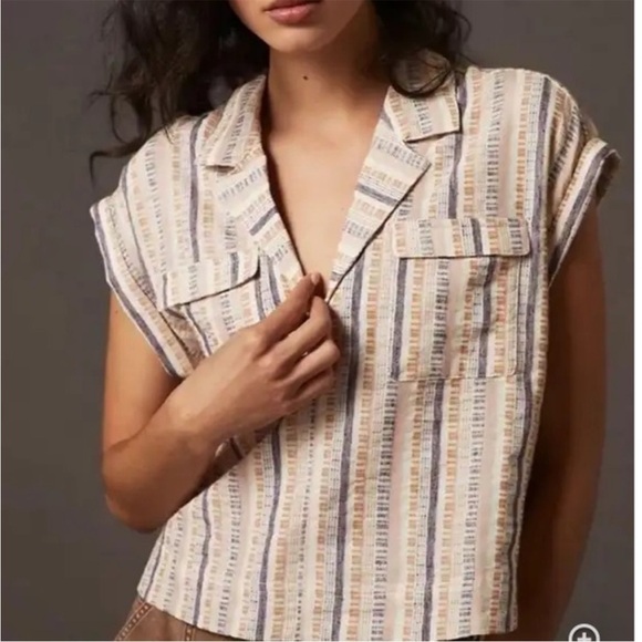 Anthropologie Cropped Striped Utility Pullover Top Shirt Blouse Aztec Size XL - Picture 2 of 8